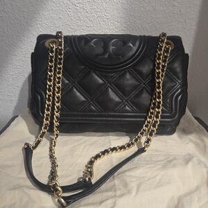 Tory Burch Black Quilted Shoulder Bag with Gold Chain Soft Fleming